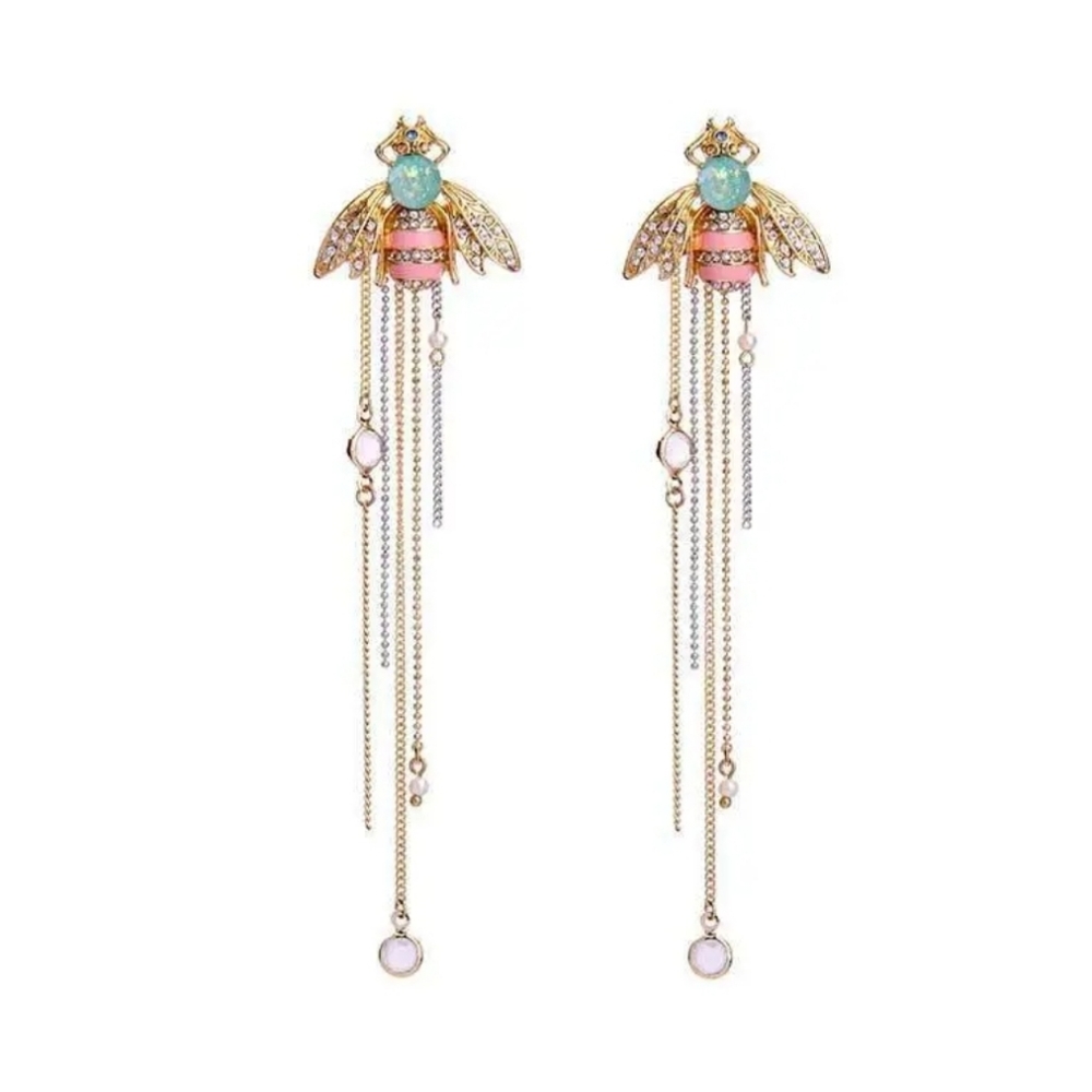 π π Betsey Johnson Bumble Bee Multi-Chain Tassel Earrings Pink Gold - Picture 7 of 8